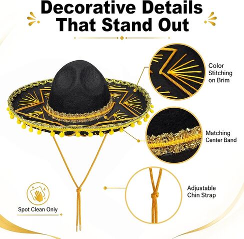 GiftExpress Black Mariachi Sombrero Hat with Gold Trim, Sombrero for Cinco de Mayo, Halloween Costume, Mexican Fiesta Costume in Kuwait