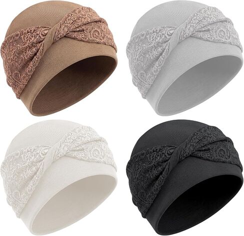 JenPen 4 Pcs Chemo Headwear for Women, Milk Silk Knot Lace Headscarf Turban, Stretch Beanie Cap for Cancer Hair Loss Sleeping Multicolor in Kuwait