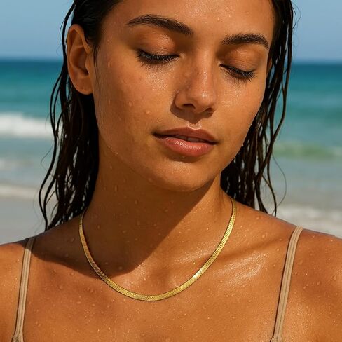 Gold Herringbone Chain Necklace For Women - 18K PVD Gold Waterproof & Sweatproof Non Tarnish Choker Necklace - 16 Inch - Family Owned Brand - Made in USA in Saudi Arabia