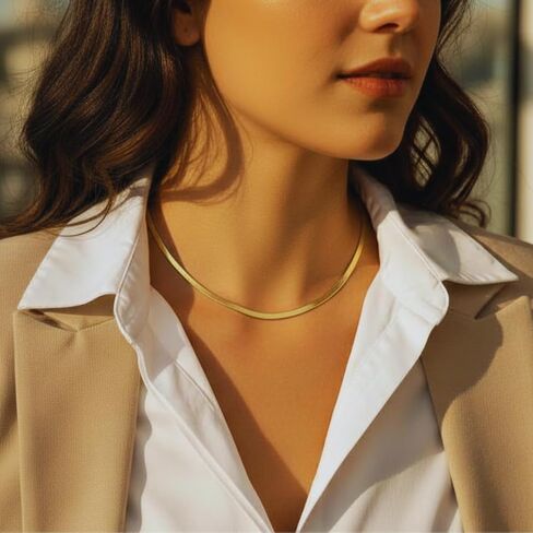 Gold Herringbone Chain Necklace For Women - 18K PVD Gold Waterproof & Sweatproof Non Tarnish Choker Necklace - 16 Inch - Family Owned Brand - Made in USA in Saudi Arabia