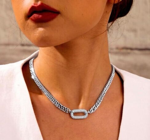 Shiny Silver Necklace for Women, White Gold Plated Chunky Cuban Link Chain Paperclip Choker Necklaces for Women Trendy Non Tarnish Women Silver Chain Jewelry Gifts in Saudi Arabia