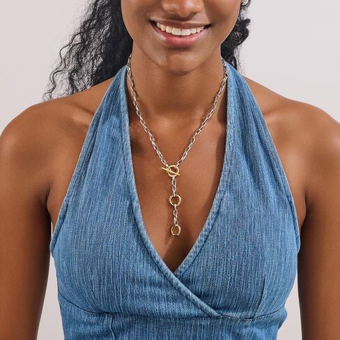 Two Tone Chain Necklace for Women, Gold and Silver Tube Link Fashion Jewelry in Kuwait
