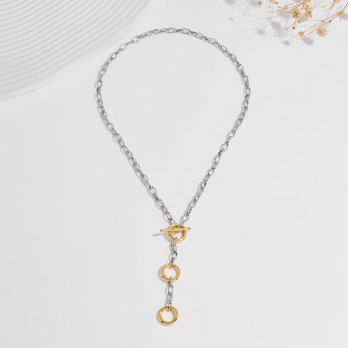 Two Tone Chain Necklace for Women, Gold and Silver Tube Link Fashion Jewelry in Kuwait