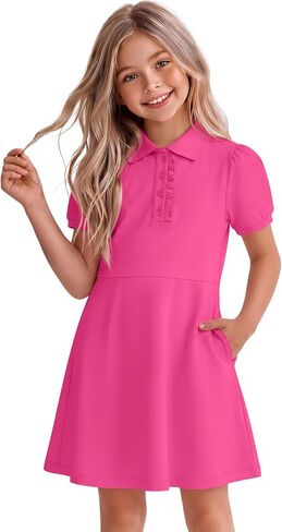 Girl's Uniform Polo Dress Collar Puff Short Sleeve Dress Ruffle Button Down Cute Shirtdress with Pockets 5-14 Years in Kuwait