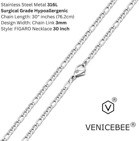 VENICEBEE® Best Long Stainless Steel Chain Medical Grade 316L Surgical Metal ID Figaro Link Necklace 30" INCHES 3MM Wide Neck Chain 30 inch RESIZABLE + Pouch - HYPOALLERGENIC LEAD-FREE METAL in Saudi Arabia