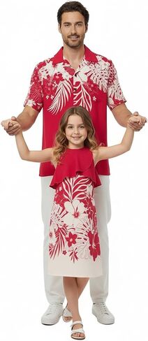 Matchable Hawaiian Luau Father Daughter Men Shirt Girl Round Neck Dress in Indri Pink in Kuwait