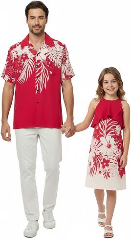 Matchable Hawaiian Luau Father Daughter Men Shirt Girl Round Neck Dress in Indri Pink in Kuwait