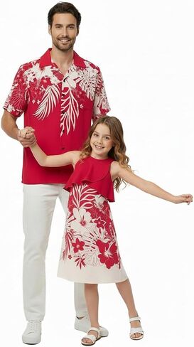 Matchable Hawaiian Luau Father Daughter Men Shirt Girl Round Neck Dress in Indri Pink in Kuwait