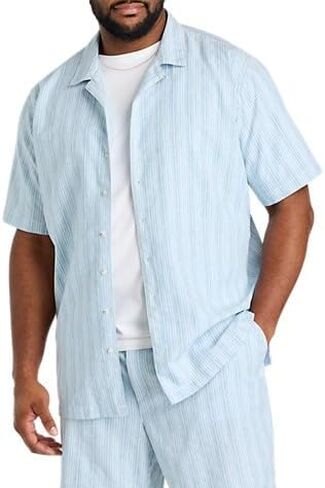 Oak Hill by DXL Men's Big and Tall Striped Cabana Camp Shirt, Blue Multi in Saudi Arabia