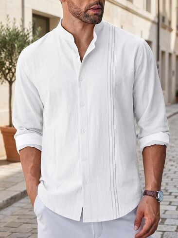 Mens Linen Shirts Casual Long Sleeve Button Down Shirt Lightweight Summer Beach Shirts Vacation Tops in Kuwait