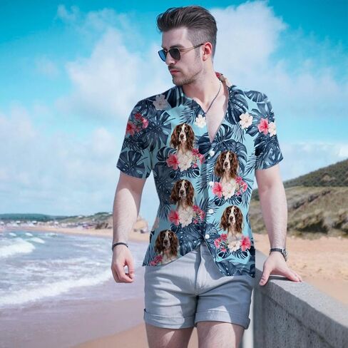 English Springer Spaniel Hawaiian Shirts for Men,Button Down Beach Casual Shirtss in Saudi Arabia