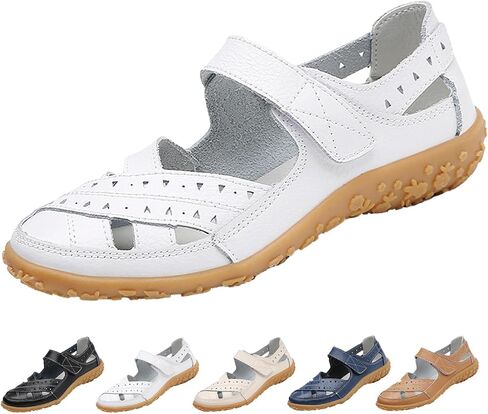 Women's Leather Woven Closed Toe Sandals,Comfy Orthopedic Soft Sole Ankle Strap Cutout Casual Beach Mary Jane Shoes in Kuwait