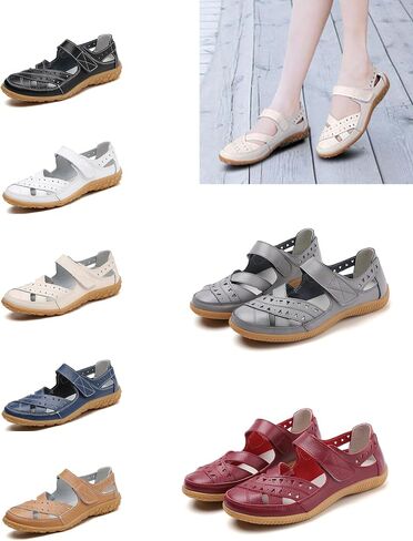 Women's Leather Woven Closed Toe Sandals,Comfy Orthopedic Soft Sole Ankle Strap Cutout Casual Beach Mary Jane Shoes in Kuwait