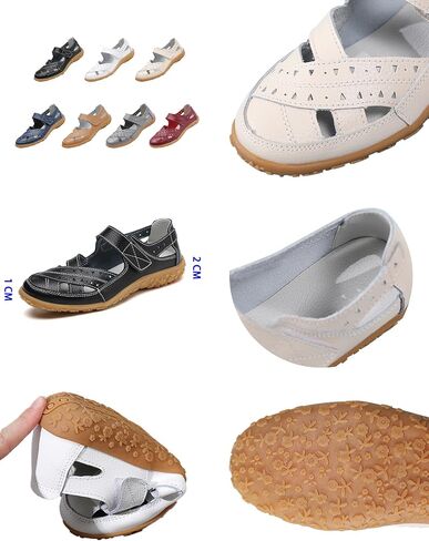 Women's Leather Woven Closed Toe Sandals,Comfy Orthopedic Soft Sole Ankle Strap Cutout Casual Beach Mary Jane Shoes in Kuwait