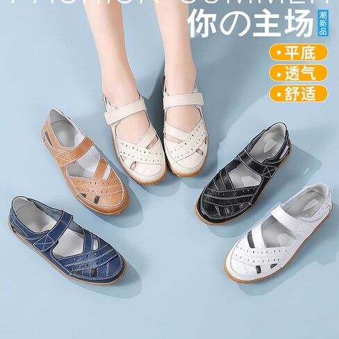 Women's Leather Woven Closed Toe Sandals,Comfy Orthopedic Soft Sole Ankle Strap Cutout Casual Beach Mary Jane Shoes in Kuwait