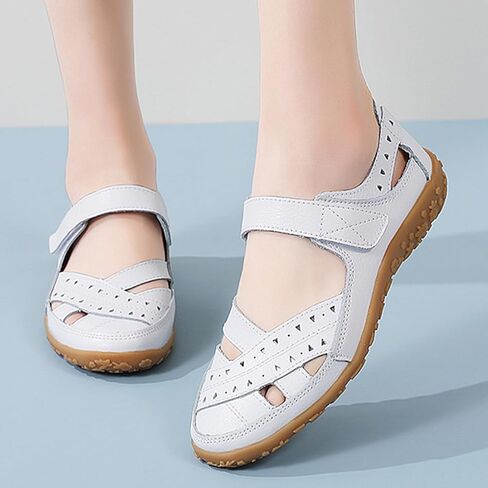 Women's Leather Woven Closed Toe Sandals,Comfy Orthopedic Soft Sole Ankle Strap Cutout Casual Beach Mary Jane Shoes in Kuwait