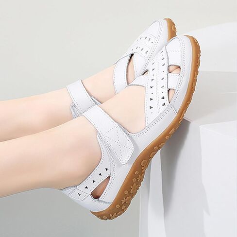 Women's Leather Woven Closed Toe Sandals,Comfy Orthopedic Soft Sole Ankle Strap Cutout Casual Beach Mary Jane Shoes in Kuwait