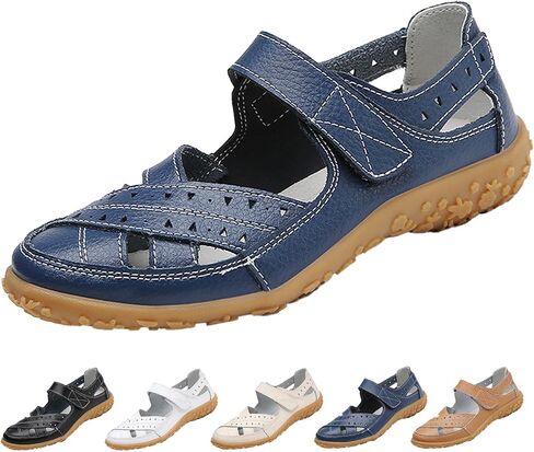 Women's Leather Woven Closed Toe Sandals,Comfy Orthopedic Soft Sole Ankle Strap Cutout Casual Beach Mary Jane Shoes in Saudi Arabia