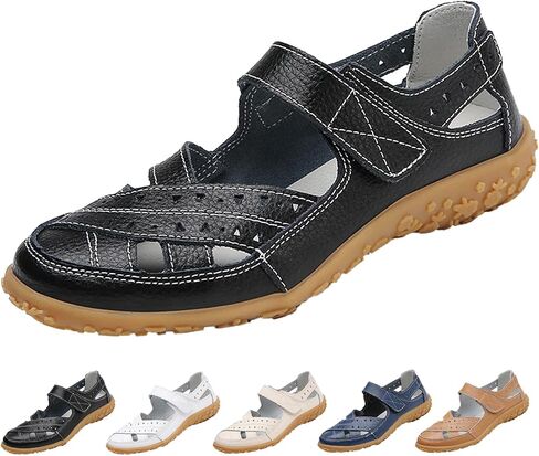 Women's Leather Woven Closed Toe Sandals,Comfy Orthopedic Soft Sole Ankle Strap Cutout Casual Beach Mary Jane Shoes in Kuwait
