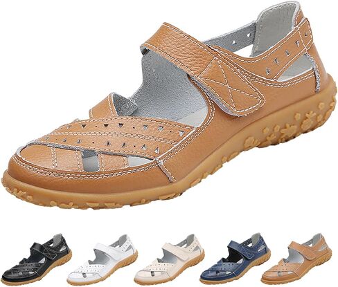 Women's Leather Woven Closed Toe Sandals,Comfy Orthopedic Soft Sole Ankle Strap Cutout Casual Beach Mary Jane Shoes in Kuwait