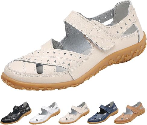 Women's Leather Woven Closed Toe Sandals,Comfy Orthopedic Soft Sole Ankle Strap Cutout Casual Beach Mary Jane Shoes in Kuwait