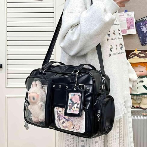 Black Ita Bag Crossbody, Japanese School Messenger Bag, Pin Display Bag, Cute Messenger Shoulder Bag for Women, Kawaii Tote Bag, Emo Grunge Gothic Bag, Large Crossbody Messenger Bag for School in Kuwait