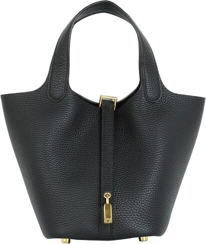 Genuine Leather Bucket Bag for Women Handbag tote bag with metal clasp, bohemian-style market tote bag(Black-gold) in Saudi Arabia