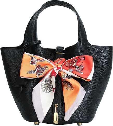 Genuine Leather Bucket Bag for Women Handbag tote bag with metal clasp, bohemian-style market tote bag(Black-gold) in Saudi Arabia