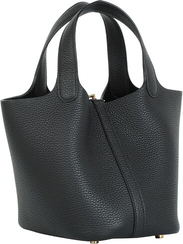 Genuine Leather Bucket Bag for Women Handbag tote bag with metal clasp, bohemian-style market tote bag(Black-gold) in Saudi Arabia