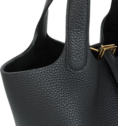 Genuine Leather Bucket Bag for Women Handbag tote bag with metal clasp, bohemian-style market tote bag(Black-gold) in Saudi Arabia
