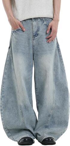 LOGEQI Mens Baggy Barrel Jeans Wide Leg Y2K Hip Hop Streetwear Jeans Loose Fit Vintage Skater Denim Pants in Saudi Arabia