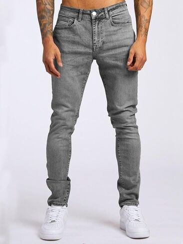 Men's Slim Fit Light Wash Jeans, Stretch Casual Streetwear Distressed Straight Leg Denim Pants, Soft Comfortable Outfits in Kuwait