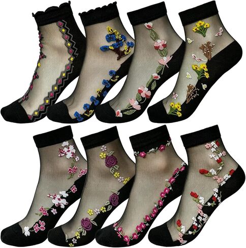 Womens Sheer Socks, 8 Pairs Floral Ankle Socks Summer Transparent Thin Mesh Silk Crystal Glass Dress Stockings in Kuwait
