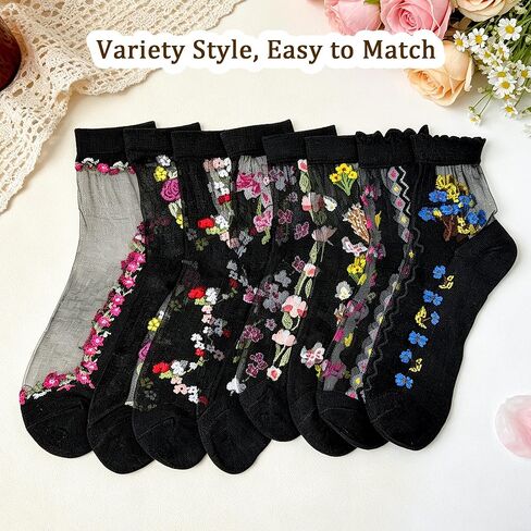 Womens Sheer Socks, 8 Pairs Floral Ankle Socks Summer Transparent Thin Mesh Silk Crystal Glass Dress Stockings in Kuwait