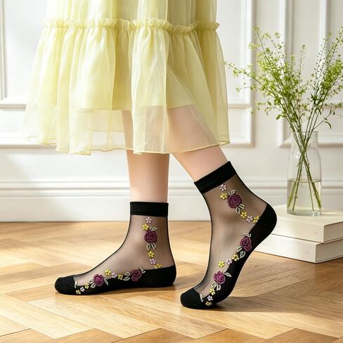 Womens Sheer Socks, 8 Pairs Floral Ankle Socks Summer Transparent Thin Mesh Silk Crystal Glass Dress Stockings in Kuwait