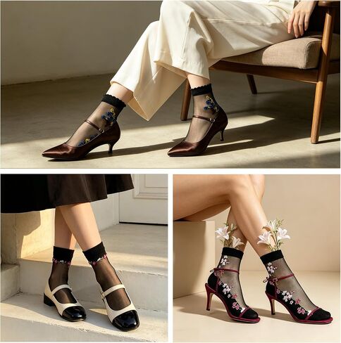 Womens Sheer Socks, 8 Pairs Floral Ankle Socks Summer Transparent Thin Mesh Silk Crystal Glass Dress Stockings in Kuwait