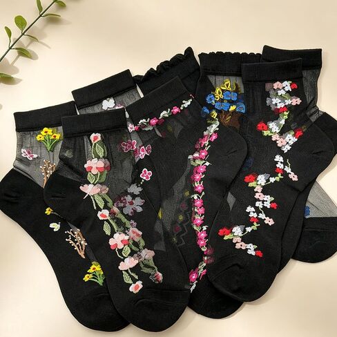 Womens Sheer Socks, 8 Pairs Floral Ankle Socks Summer Transparent Thin Mesh Silk Crystal Glass Dress Stockings in Kuwait