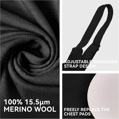 Women's 100% Merino Wool Sports Bra - Rare 15.5 Micron Ultra-Soft Athletic Crop Top with Removable Pads, 150g Lightweight Moisture-Wicking Workout Tank for Yoga, Hiking & Running Blacks in Saudi Arabia