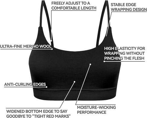 Women's 100% Merino Wool Sports Bra - Rare 15.5 Micron Ultra-Soft Athletic Crop Top with Removable Pads, 150g Lightweight Moisture-Wicking Workout Tank for Yoga, Hiking & Running Blacks in Saudi Arabia