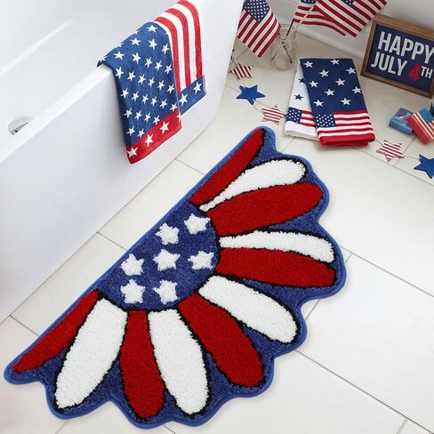 Moutina Memorial Day Daisy Floral Bath Mat 16x30 Inch, Soft and Absorbent Tufted 4th of July Bathroom Rug Non Slip Washable, Patriotic Bathroom Decor Half Circle Rug Holiday Decorations in Saudi Arabia