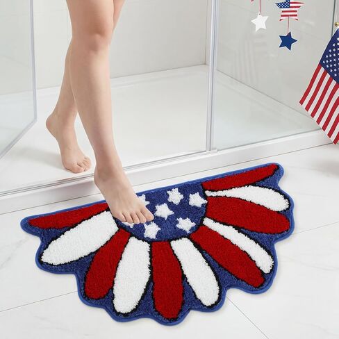 Moutina Memorial Day Daisy Floral Bath Mat 16x30 Inch, Soft and Absorbent Tufted 4th of July Bathroom Rug Non Slip Washable, Patriotic Bathroom Decor Half Circle Rug Holiday Decorations in Saudi Arabia