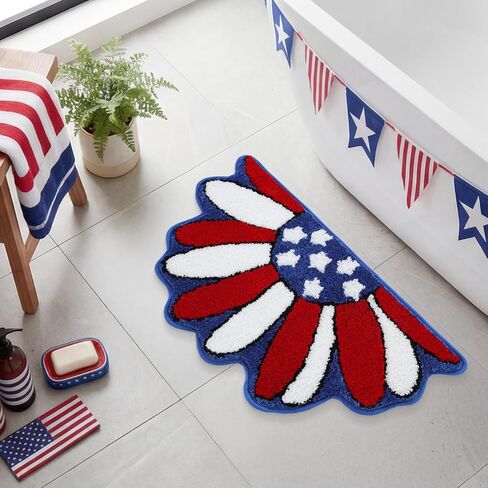 Moutina Memorial Day Daisy Floral Bath Mat 16x30 Inch, Soft and Absorbent Tufted 4th of July Bathroom Rug Non Slip Washable, Patriotic Bathroom Decor Half Circle Rug Holiday Decorations in Saudi Arabia