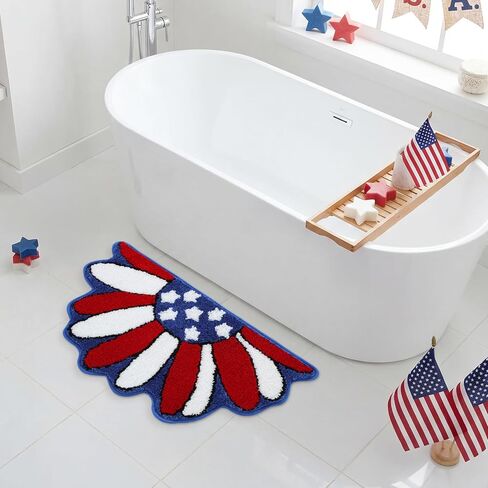 Moutina Memorial Day Daisy Floral Bath Mat 16x30 Inch, Soft and Absorbent Tufted 4th of July Bathroom Rug Non Slip Washable, Patriotic Bathroom Decor Half Circle Rug Holiday Decorations in Saudi Arabia