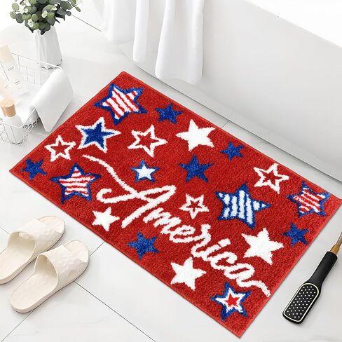 APROPHIC 4th of July Bathroom Rug 17x24 Inch, Patriotic Independence Day America Decor Bath Mat, Star Pattern Tufted Bath Rug, Absorbent Non-Slip Soft Bath Mat for Bathroom Door Bedroom, Red in Saudi Arabia
