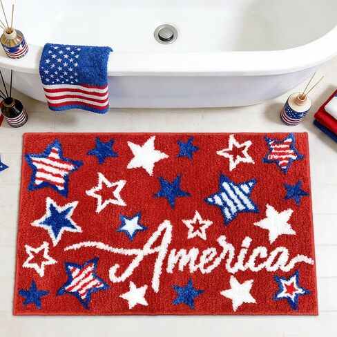 APROPHIC 4th of July Bathroom Rug 17x24 Inch, Patriotic Independence Day America Decor Bath Mat, Star Pattern Tufted Bath Rug, Absorbent Non-Slip Soft Bath Mat for Bathroom Door Bedroom, Red in Saudi Arabia