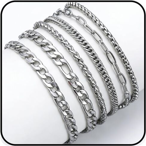 6PCS Silver Bracelets for Men Stainless Steel Cuban Chain Bracelet Silver Chain Bracelet Set 316L Stainless Steel Figaro Rope Cuban Link Bracelet Jewelry for Men/Women in Saudi Arabia