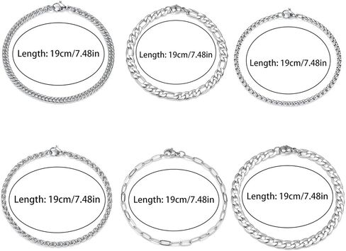 6PCS Silver Bracelets for Men Stainless Steel Cuban Chain Bracelet Silver Chain Bracelet Set 316L Stainless Steel Figaro Rope Cuban Link Bracelet Jewelry for Men/Women in Saudi Arabia