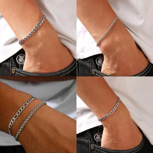 6PCS Silver Bracelets for Men Stainless Steel Cuban Chain Bracelet Silver Chain Bracelet Set 316L Stainless Steel Figaro Rope Cuban Link Bracelet Jewelry for Men/Women in Saudi Arabia