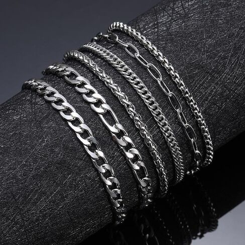 6PCS Silver Bracelets for Men Stainless Steel Cuban Chain Bracelet Silver Chain Bracelet Set 316L Stainless Steel Figaro Rope Cuban Link Bracelet Jewelry for Men/Women in Saudi Arabia