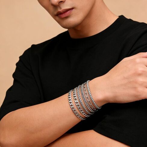 6PCS Silver Bracelets for Men Stainless Steel Cuban Chain Bracelet Silver Chain Bracelet Set 316L Stainless Steel Figaro Rope Cuban Link Bracelet Jewelry for Men/Women in Saudi Arabia